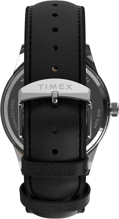 Timex Chicago Multi-Function Quartz Analoog Horloge Zilverkleurig En Zwart Kast Gemaakt Van 100% Roestvrij Staal En Een Armband Van 100% Leer 45 TW2Y21600AJ