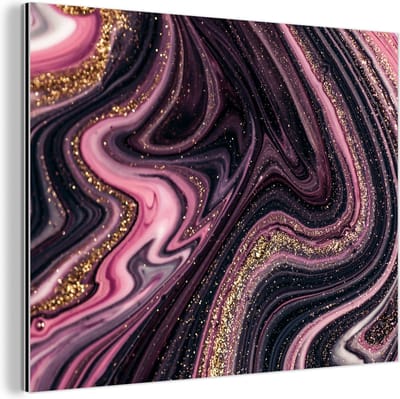 Wanddecoratie Metaal - Aluminium Schilderij Industrieel - Marmerlook - Roze - Paars - Goud - Luxe - Marmer - 80x60 cm - Dibond - Foto op aluminium - Industriële muurdecoratie - Voor de woonkamer/slaapkamer