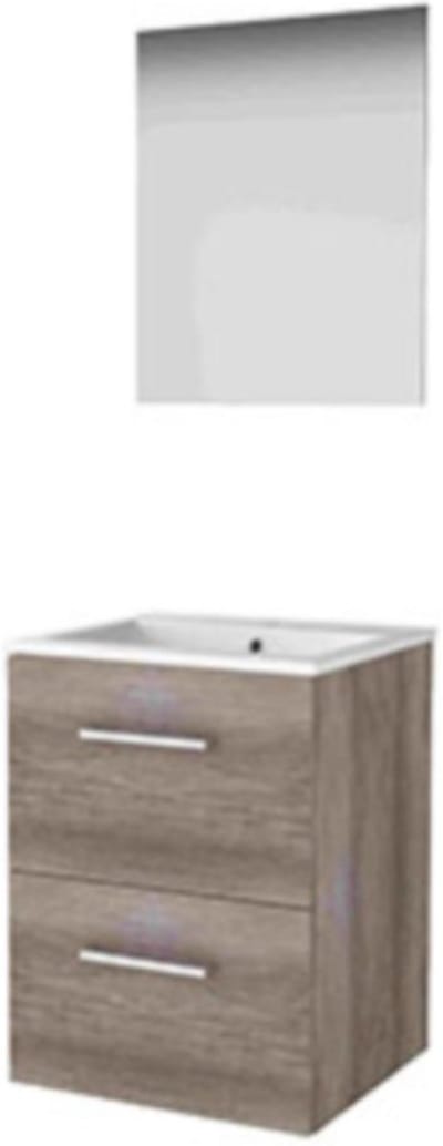 Basic-Line Ultimate 46 Badkamermeubelset - 50 x 46 cm - Met Grepen - 2 Lades - Keramische Wastafel - 1 Kraangat - Spiegel met Indirecte LED Verlichting - Scotch Oak