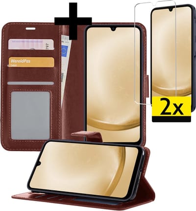 Hoesje - Met 2x Screenprotector - Geschikt voor Samsung Galaxy A25 - Luxe Pasjeshouder - Bookcase Portemonee - Flip Case - Kunstleer Book Case - Flipcase Hoes - Book Cover - Walletcase - Portemonneehoes - Telefoonhoesjes - Bruin