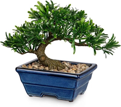 Kunstmatige Bonsai Boom Juniper - Decoratieve Planten voor Thuis, Kantoor en Badkamer met Blauw Keramisch Potje - Ideaal voor Tafel en Plank