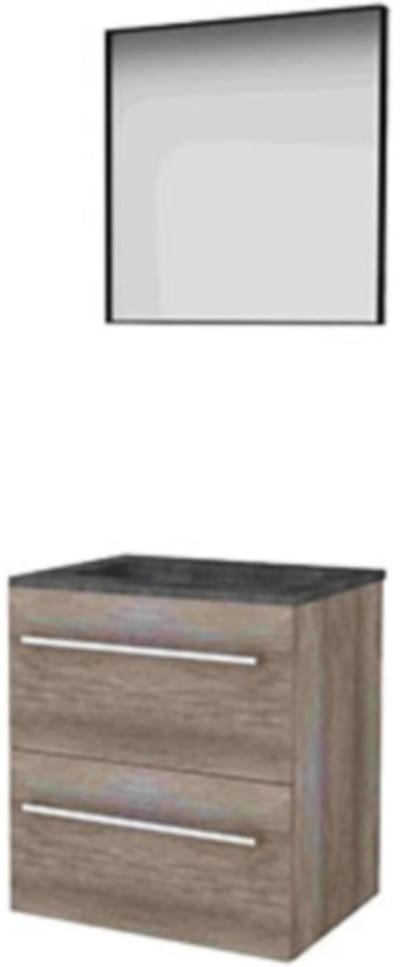 Basic-Line Framed 46 Badkamermeubelset - 60 x 46 cm - Met Grepen - 2 Lades - Hardstenen Wastafel - 1 Kraangat - Spiegel met Zwart Aluminium Frame - Scotch Oak