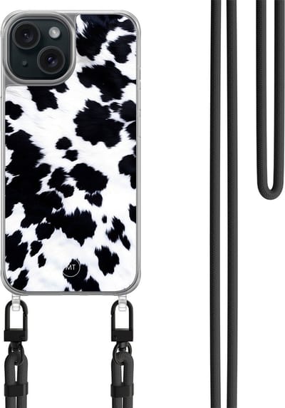 Hoesje met koord geschikt voor iPhone 13 - Koeienprint - Inclusief zwart koord - Crossbody beschermhoes - Transparant, Zwart, Wit - Mooie Telefoonhoesjes