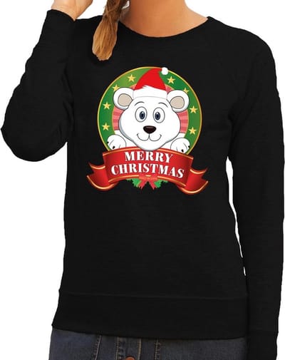 Foute kersttrui / sweater ijsbeer - zwart - Merry Christmas voor dames S