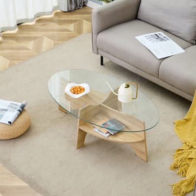 MODENUIT Salontafel - Ovale Glazen Tafel Met Onderplank - Voor Woonkamer - MDF En Transparant Glas - 104,9x60 Cm