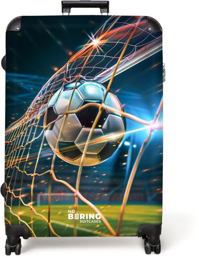 NoBoringSuitcases.com® - Koffer groot - Reiskoffer lichtgewicht - Zwart-witte voetbal raakt het net in een stadion - Rolkoffer met 4 wielen - Grote trolley XL - 98 liter bagage