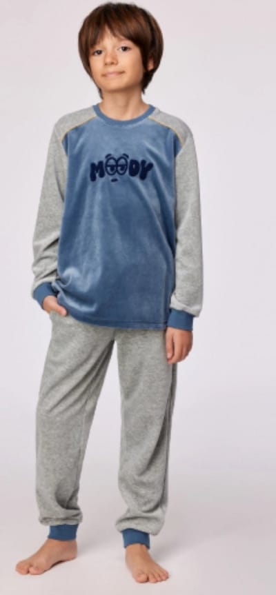 Woody pyjama jongens/heren velours - blauwgrijs - 'Moody' - 252-10-QRM-V/189 - maat 128