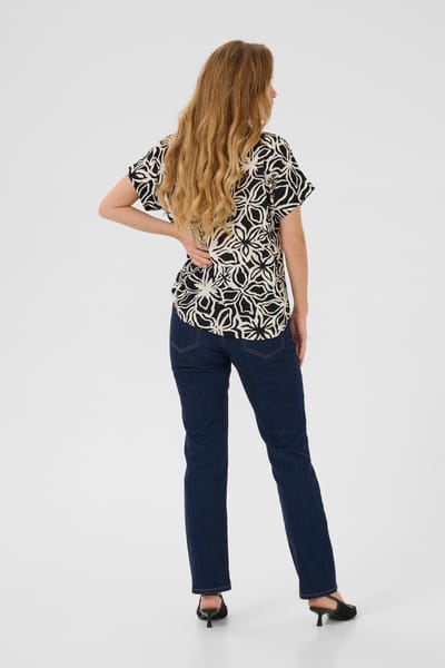Blouse met korte mouwen Regular fit Black / Light Beige Flower floral