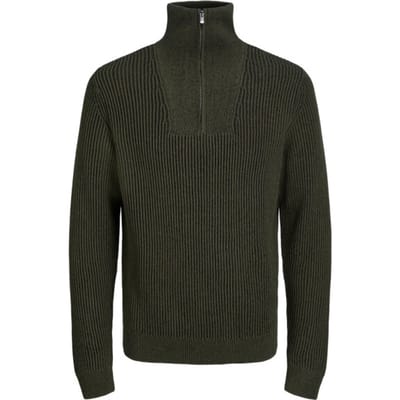 JACK & JONES Arlie knit half zip slim fit - heren schipperstrui katoen met opstaande boord - olijfgroen met zwart - Maat: XXL