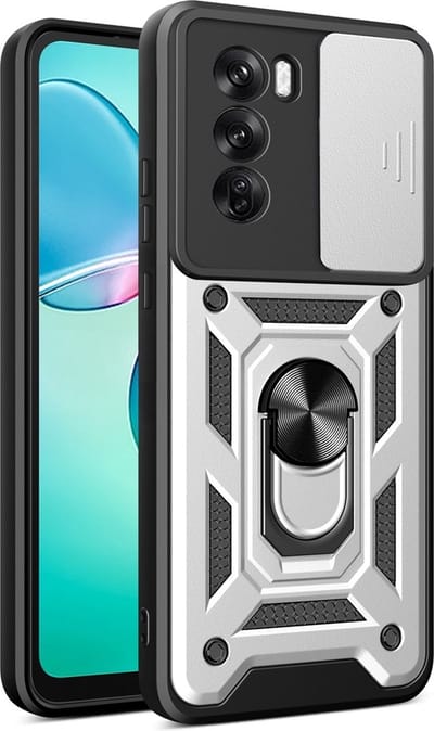 MobyDefend Hoesje - Geschikt voor Oppo Reno12 Pro - Pantsercase Met Draaibare Ring - Zilvergrijs