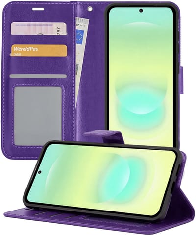 Hoesje - Met Pasjeshouder - Geschikt voor Samsung Galaxy A37 - Luxe Bookcase Portemonee - Flip Case - Kunstleer Book Case - Flipcase - Book Cover - Walletcase - Portemonneehoes - Telefoonhoesjes - Paars