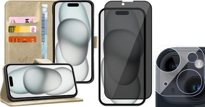 Hoesje geschikt voor iPhone 15 - Privacy Screenprotector FullGuard & Camera Lens Screen Protector - Book Case Kunstleer Pasjeshouder Goud