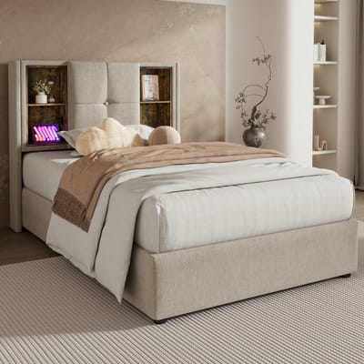 VVBV Gestoffeerd Bed met Opbergruimte 90x200 cm - Opbergruimte, Lades, USB, Draadloos Laden - Hout/Linnen - Met Matras