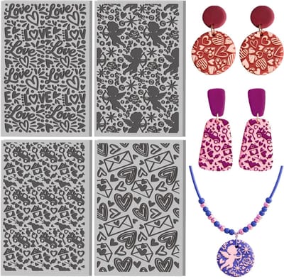 4 stuks Valentijnsdag polymeer klei textuur vel liefde en hart Cupido Mail Rubber Klei Textuur Mat voor Polymeer Kleien Maken Oorbellen Sieraden DIY Ambachten 9,9 × 6,6 cm