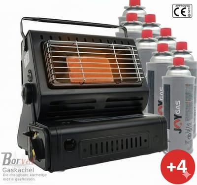 Borvat® Kamping Gaskachel - Heater - Kachel - Terrasverwarmer - Camping gaskachel - Buitenkachel - Gas Heater - Verstelbaar - Draagbaar -Inclusief 4 Gasflessen- Zwart