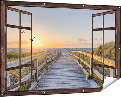 Gards Tuinposter Doorkijk Voetpad met Zee en Vogels - 150x100 cm - Tuindoek - Tuindecoratie - Wanddecoratie buiten - Tuinschilderij