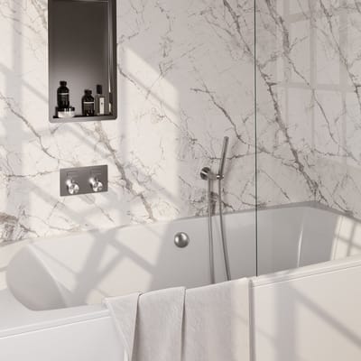 Brauer Brushed Edition thermostatische inbouw badkraan met drukknoppen SET 03 met badvulcombinatie en staaf handdouche en doucheslang en wandaansluitbocht RVS geborsteld PVD
