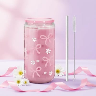 Glazen beker met roze vlinderstrik, deksel en rietje – 16 oz esthetische drinkbeker voor koffie, smoothies en water, cadeauverpakking