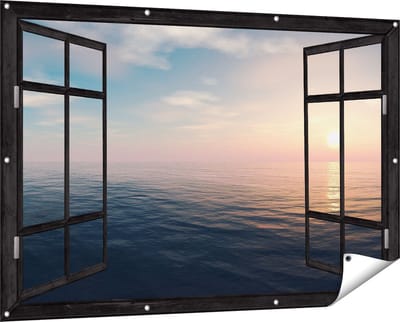 Gards Tuinposter Doorkijk Zee Water tijdens Zonsondergang - 150x100 cm - Tuindoek - Tuindecoratie - Wanddecoratie buiten - Tuinschilderij