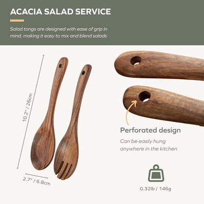 Set Houten Saladebestek | Acacia Houten Saladevork en Lepel Set 26 cm | Keukengerei