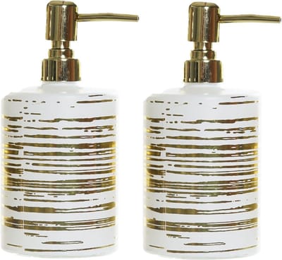 Items Zeeppompje/dispenser - 2x - glas - wit met gouden strepen - 450 ml - navulbaar - keuken/toilet/badkamer