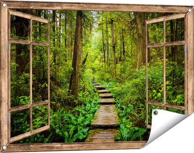 Gards Tuinposter Doorkijk Voetpad in het Bos met Groene Planten - 90x60 cm - Tuindoek - Tuindecoratie - Wanddecoratie buiten - Tuinschilderij