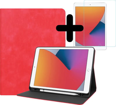 Hoesje - Geschikt voor Apple iPad 9 (2021) - 10.2 inch - 9e Generatie - Met Screenprotector - Luxe Bookcase Hoes - Hard Cover Case - Met Uitsparing Geschikt voor Apple Pencil - Hardcover Book - Tablethoes - Rood