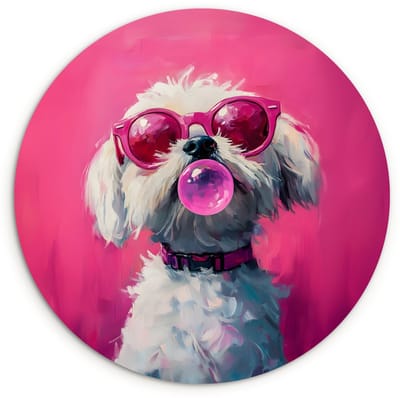 WallCircle® Wandcirkel 120x120 cm - Muurcirkel Pink - Hond - Bubbel - Muurdecoratie woonkamer - Wanddecoratie slaapkamer - Kamer decoratie accessoires - Ronde schilderijen XXL