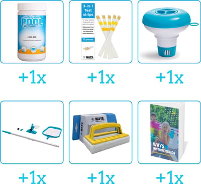 Zwembad Onderhoudspakket - Onderhoud Zwembad - bevat Chloor - Testrips - Chloordrijver - Schoonmaakset - Scrubborstel en Zwembadgids (6-delig)