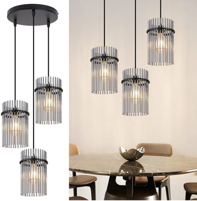 NETTLIFE Hanglamp - Glas - E27 Fitting - rond - 3-lichts - rookgrijs - Vintage Eetkamerlamp - in hoogte verstelbaar - voor Eetkamer | Slaapkamer | Café | Keuken-excl. lichtbron
