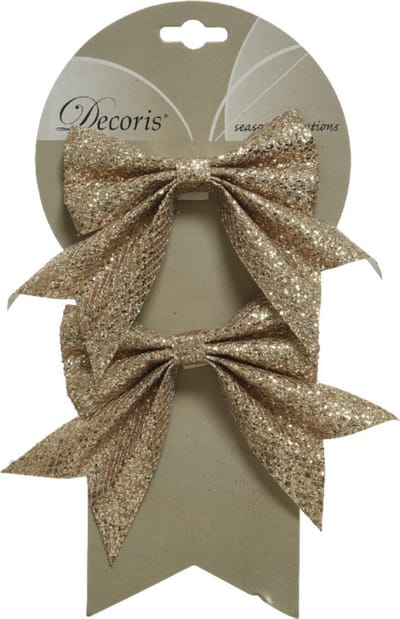 Decoris 2x stuks decoratie strikjes/strikken champagne glitter op clip 18,5 x 14 cm - Kerstversiering