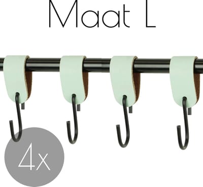 4x Leren S-haak hangers - Handles and more® | MINT - maat L (Leren S-haken - S haken - handdoekkaakje - kapstokhaak - ophanghaken)