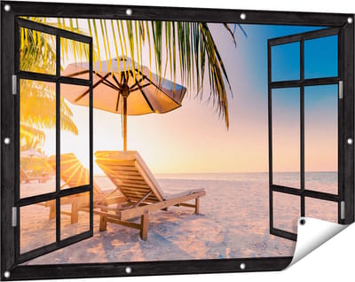 Gards Tuinposter Doorkijk Tropisch Strand tijdens Zonsondergang - 120x80 cm - Tuindoek - Tuindecoratie - Wanddecoratie buiten - Tuinschilderij