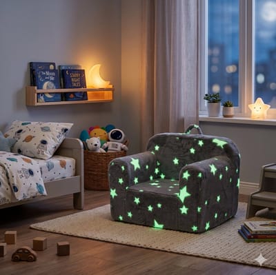 OKWISH Fauteuil - Kinderfauteuil Met Armleuningen - Enkel - Stof - Grijs Met Sterren - Lichtgewicht En Oplichtend - Met Afneembare Hoes
