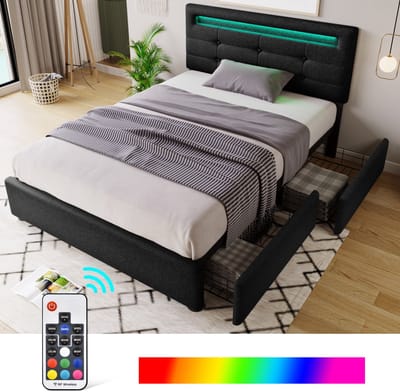 DESMIU Gestoffeerd Bed 90x200cm – Bedframe Met Ledverlichting En 2 Lades – Verstelbaar Hoofdeinde Voor Slaapkamer – Linnenstijl – Zonder Matras – Grijs
