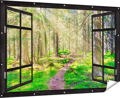 Gards Tuinposter Doorkijk Pad in Bos met Zon tussen de Bomen - 180x120 cm - Tuindoek - Tuindecoratie - Wanddecoratie buiten - Tuinschilderij
