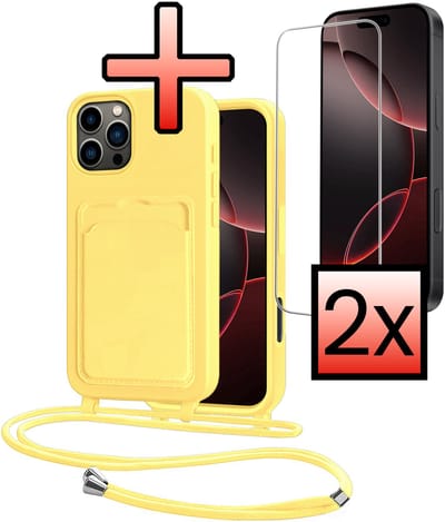 Hoes Geschikt voor iPhone 16 Pro Hoesje Pasjeshouder Cover Met Koord Case Siliconen Hoes Met Telefoonkoord en Kaarthouder Met 2x Screenprotector - Geel