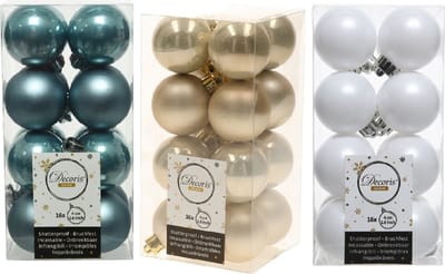 48x Stuks kunststof kerstballen mix champagne beige/wit/ijsblauw 4 cm - Kleine kerstballetjes - Kerstboomversiering