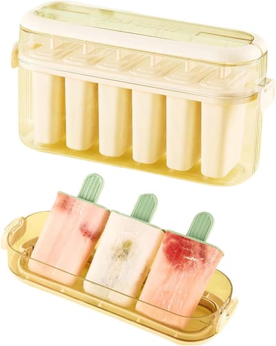 VHV-IJsjesvorm met bewaardoos — Ontwerp met 6 vakjes — Voorzien van uitdrukmechanisme — Herbruikbaar; geschikt voor ijs, yoghurt en fruit — BPA-vrij — Beige