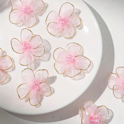 30 pcs Fleur Faite Main, Fleur en Maille à 5 Pétales et 3 Perles, Fleur à 5 Pétales en Fausse Perle, Fleur en Maille Bordée d'Or, Fleur Perlée à 5 Pétales rose