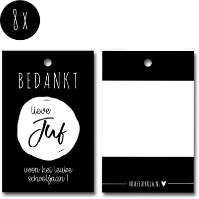 8x Label / Kaartje van karton / Cadeaulabels | BEDANKT LIEVE JUF | 85 x 55 mm | zwart-wit