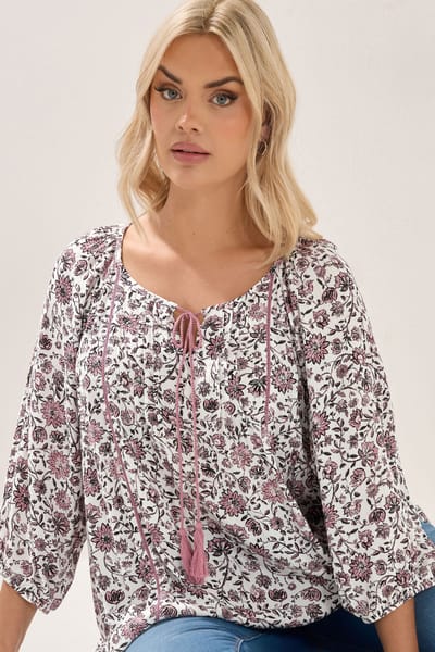 Yours Roze Paisley Top Met Pailletten En Strik Aan De Hals Size 42