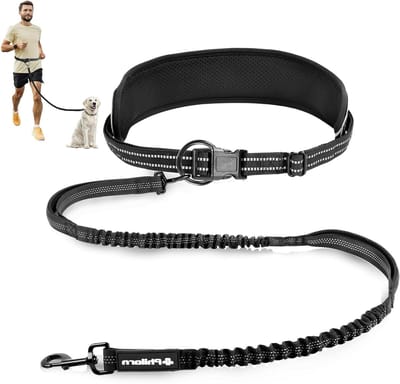 Hands-Free Dubbele Handvatten Hondenriem met Brede Heupriem voor Middelgrote en Grote Honden - Ideaal voor Wandelen, Joggen en Wandelen - Duurzame Bungee - Zwart
