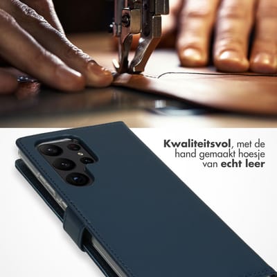Selencia Hoesje - Geschikt voor Samsung Galaxy S23 Ultra - Echt Lederen Bookcase - Blauw