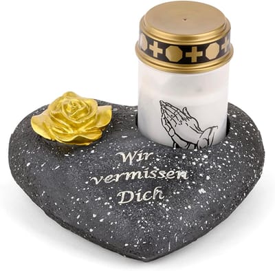 Grafdecoratie hart zwart met roos met de tekst we missen je inclusief LED graflicht witte grafdecoratie grafhart weerbestendige grafdecoratie gedenksteen theelichthouder rouwsteen