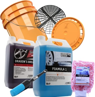 ValetPro 10 Ltr Voordeelset Wasset bestaande uit; 5 Gallon wasemmer met grit en deksel, 5 Ltr Dragon's Breath velgenreiniger 5 Ltr Foamula One SnowFoam, Washmitt en velgenkwast. twv €  169,50