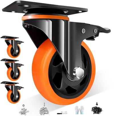 Zwenkwielen met Rem - Industriële Wielen - Möbel verplaatsen - Dubbele Kogellagers - 5 inch - Oranje