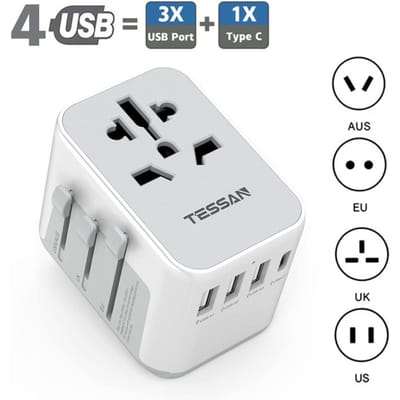 TESSAN Universele reisstekkeradapter Alles-in-één reislader met USB-poorten en Type C-wandoplader voor reizen in de VS, EU, VK, AUS 3 USB-A & 1 USB-C grijze kleur