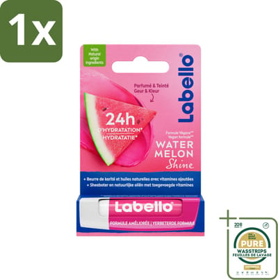 1 x Labello Lippenbalsem Blister Watermelon Shine 4.8 gr- Lippenbalsem - Hydratatie - Glans - Watermeloen - Sheaboter
