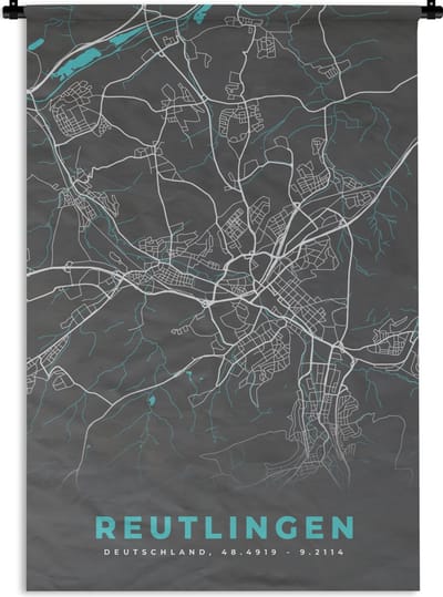 Wandkleed - Wanddoek - Stadskaart – Kaart – Reutlingen – Blauw – Duitsland – Plattegrond - 120x180 cm - Wandtapijt